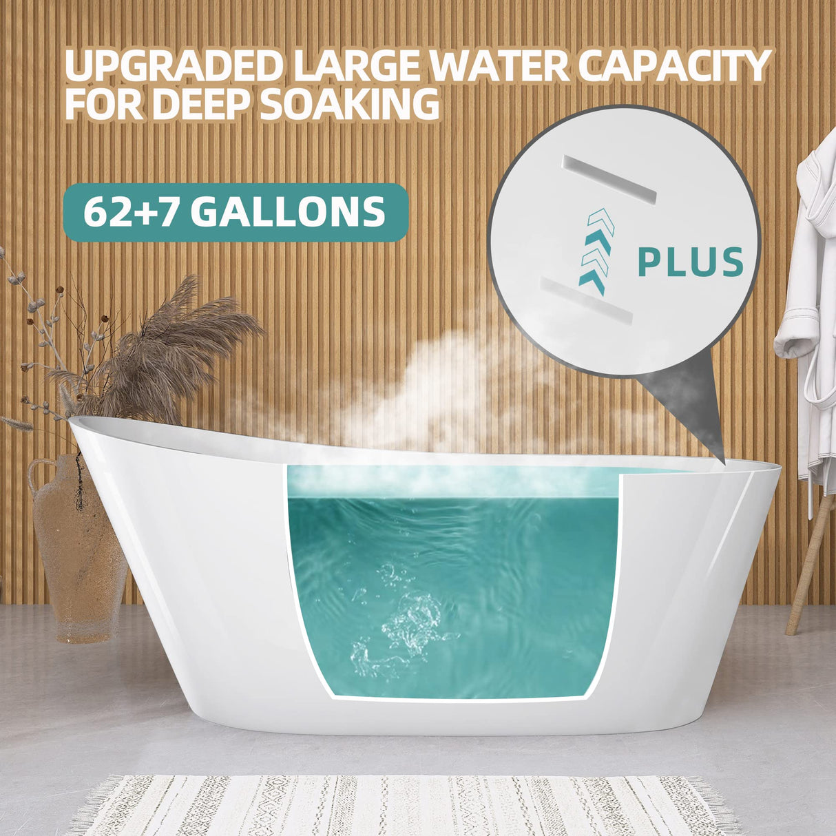 GETPRO Free Standing Tub 59" Acrylic Freestanding Bathtub, Adjustable Soaking Bath Tub Oval Shape with Integrated Slotted Overflow and Chrome Anti-clogging Drain Glossy White GETPRO