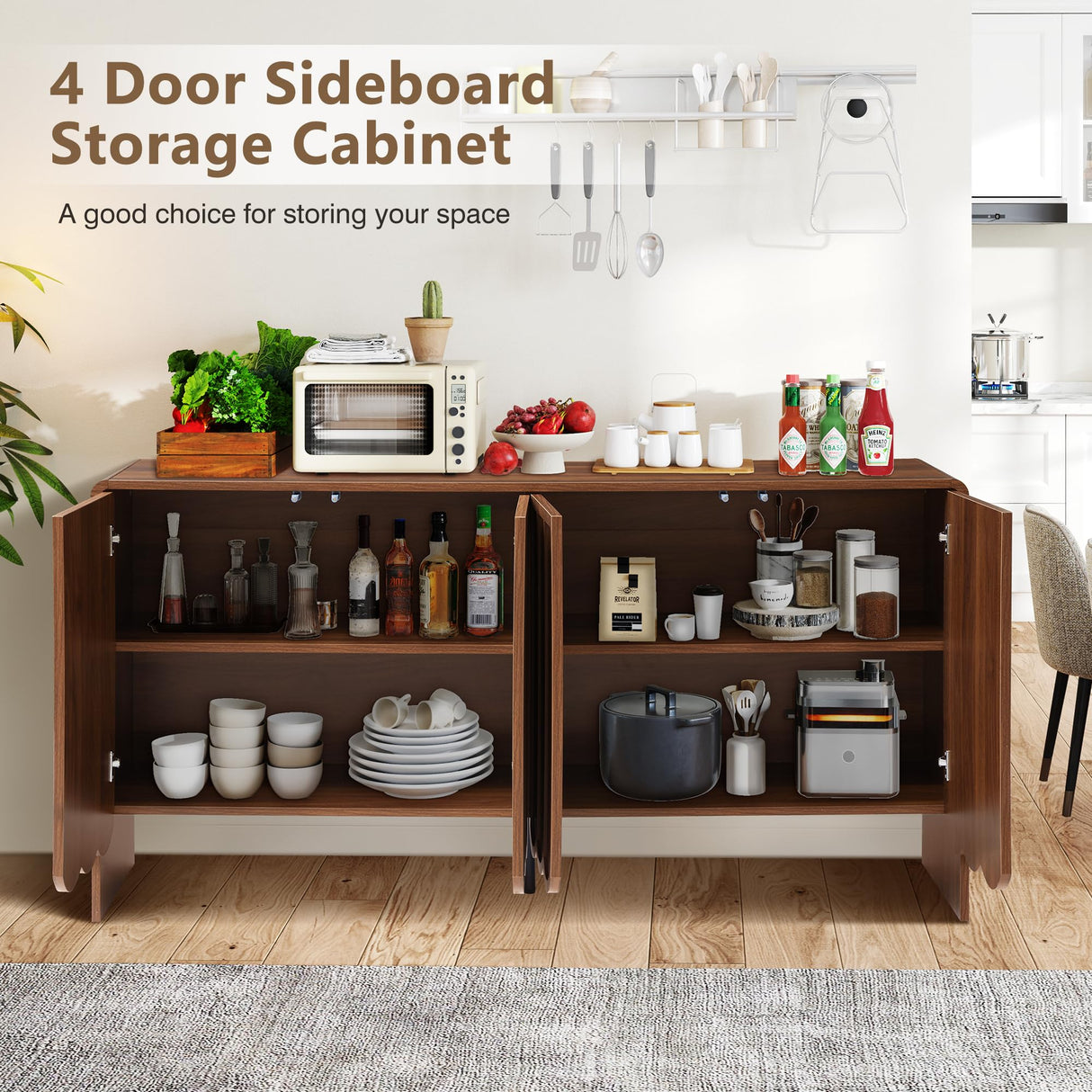 ORRD Sideboard Buffet Cabinet, Accent Storage Cabinet with 4 Doors, Farmhouse Wood Cabinet with Adjustable Shelves and Wave Panel for Living Room, Dining Room, Entry - Walnut ORRD