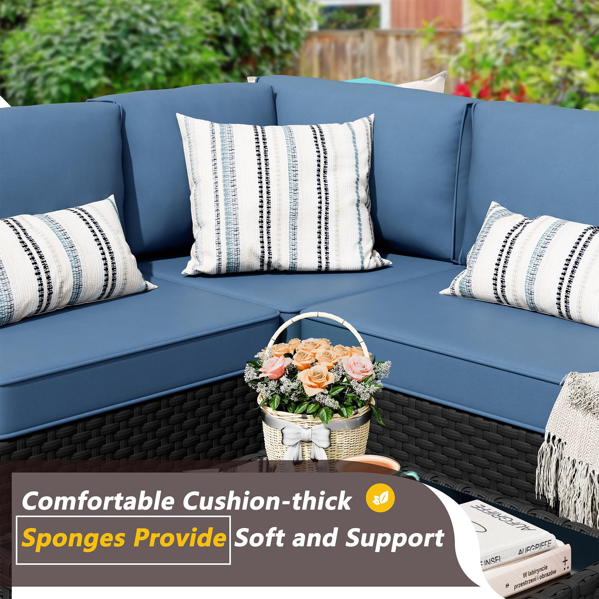 JAMFLY 5 Piece Outdoor Patio Furniture Set, PE Rattan Conversation Sofa Set with Thick Cushions & Glass Top Coffee Table, All-Weather Outside Furniture for Garden, Porch, Aegean Blue JAMFLY