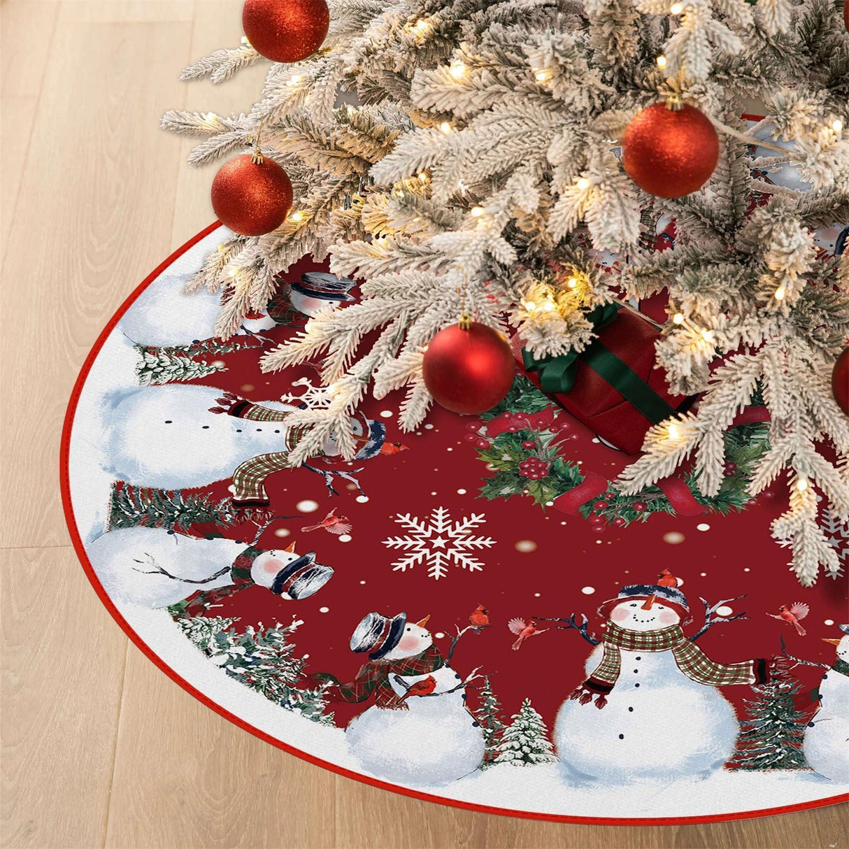 EKOREST Snowman Christmas Tree Skirt 48 Inches, Red Backgrond Snowflake Pencil Tree Skirt, Winter Xmas Tree Mat Decorations for Home Party Holiday Decorations EKOREST