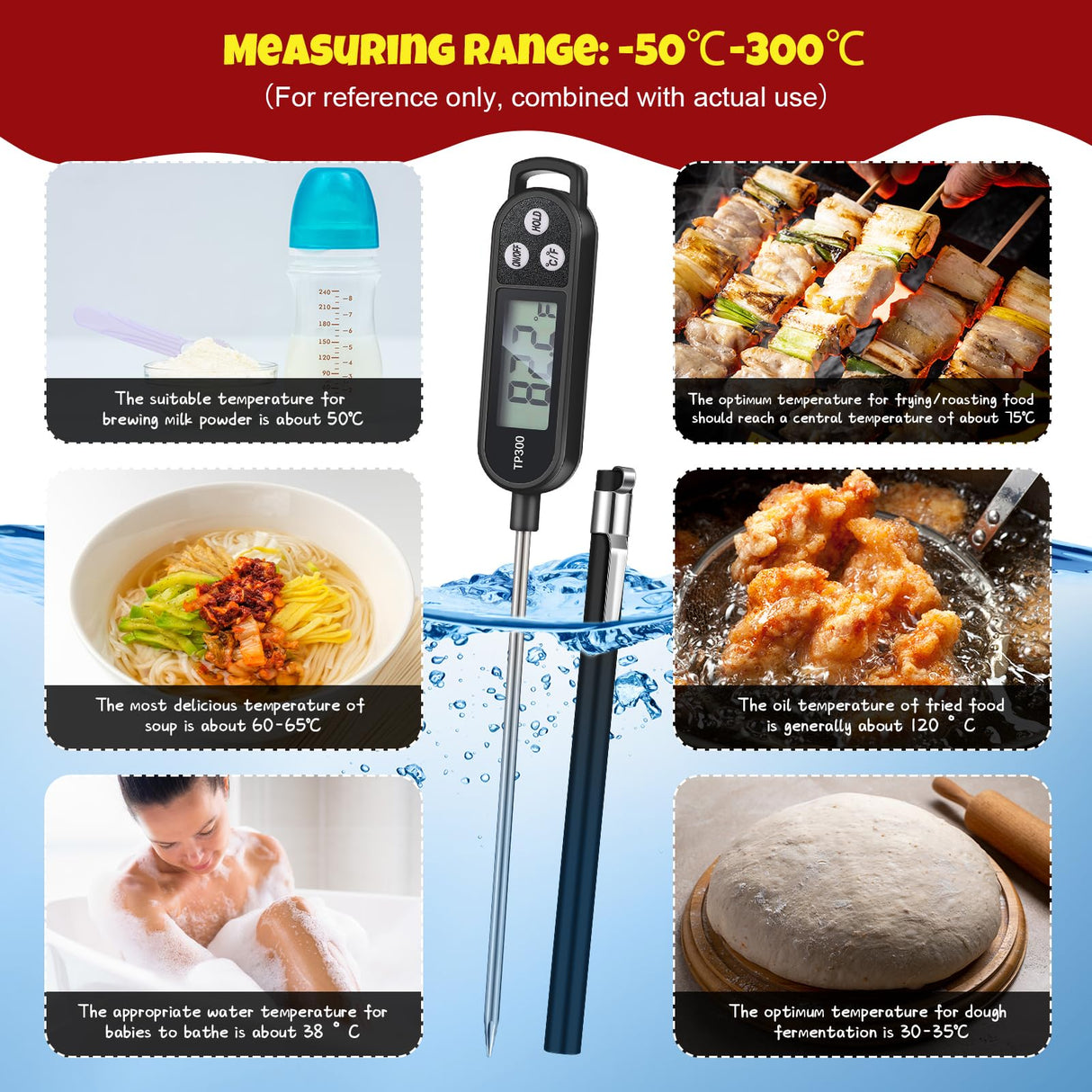 Copkim 6 Pcs Instant Read Meat Thermometer with Long Probe 9.65 Inch Kitchen Cooking Food Candy Waterproof Digital Thermometer for BBQ Water Milk Yogurt Liquid Cooking(Black, White, Red) Copkim