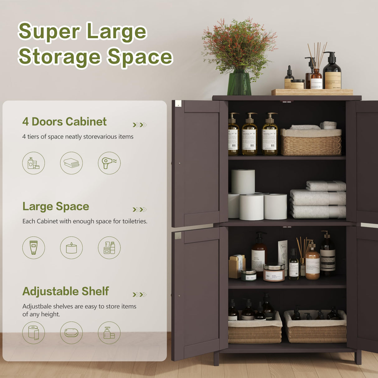 Nuturelly Bathroom Floor Storage Cabinet, Freestanding Pantry Cabinets with 4 Doors & 3 Adjustable Heights, Bathroom Organizers and Storage with Waterproof Board & Metal Handles for Kitchen, Brown Nuturelly