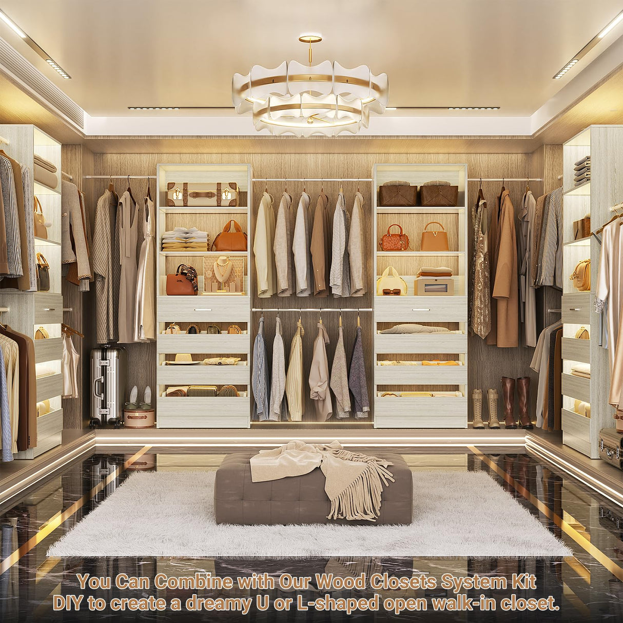 Aheaplus Closet System, 6-15Ft Closet Organizer with 8 Wooden Drawers, Wood Closet Organizer System with Tower, Walk-in Closet Organizer Wardrobe Garment Clothes Rack with 4 Hanging Rods, White Oak Aheaplus