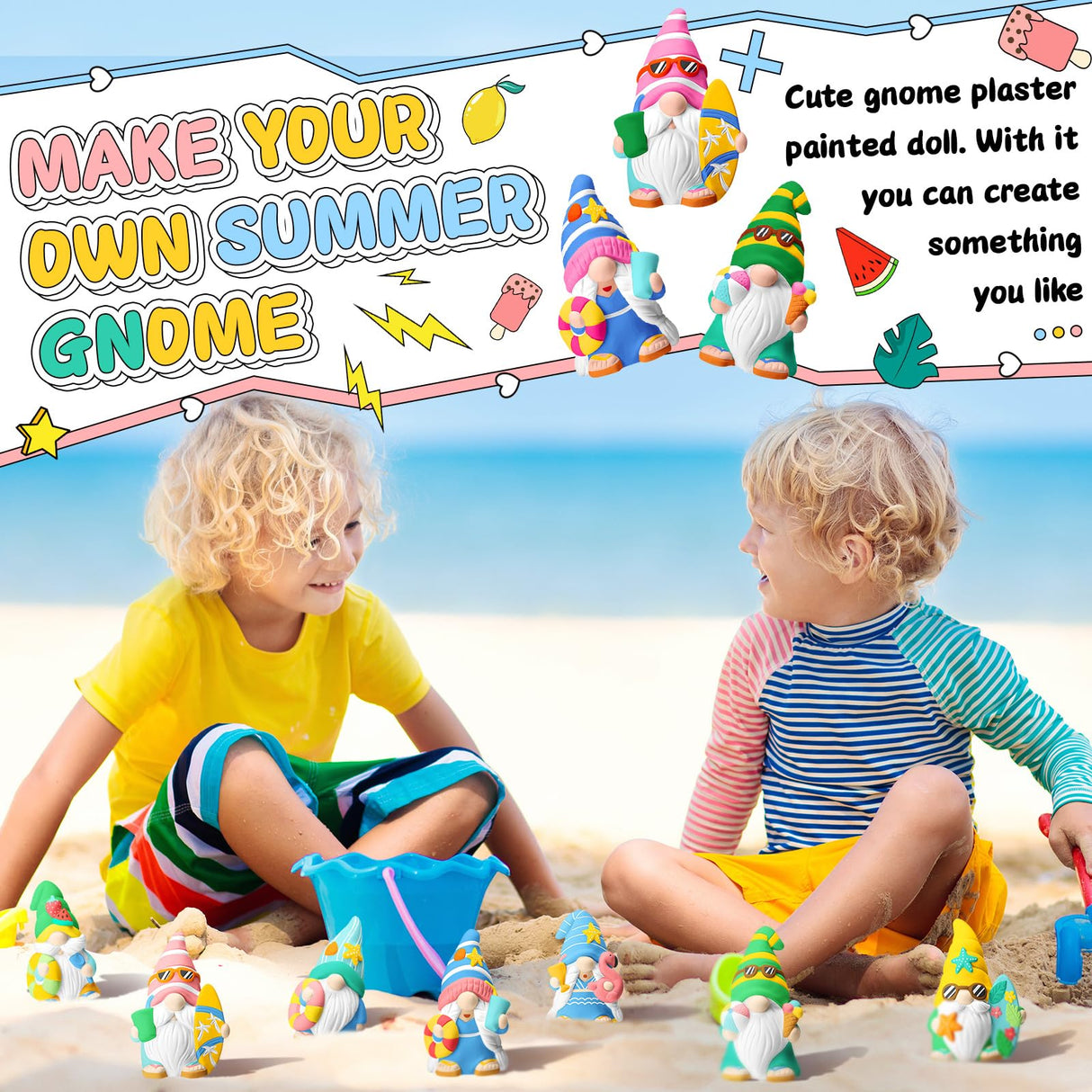 PullCrease 8 Pcs Ready to Paint Your Own Gnome Figurines Unpainted Plaster Crafts with Brush Palette Paint for Boys Adults Girls (Summer), Medium PullCrease