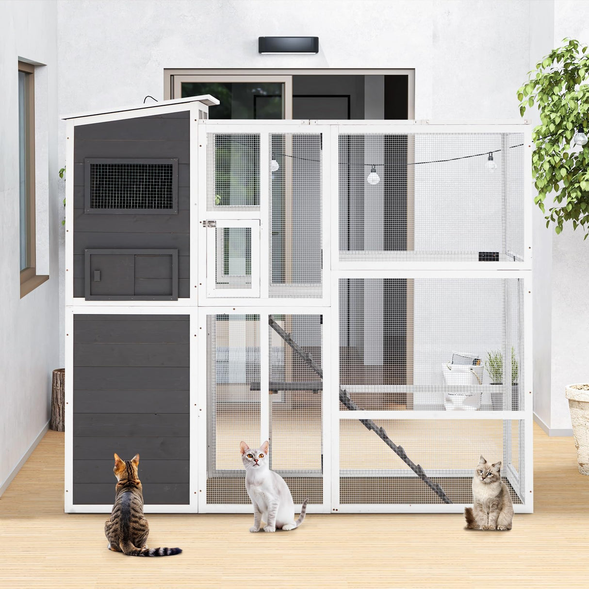 YODOLLA Wooden Cat House,Large Space Cat Cage,Large Outdoor/Indoor Catio Enclosures,Wooden Cat House Weatherproof with Multi Platforms, Indoor Interoperability,Jump Platform Grey YODOLLA