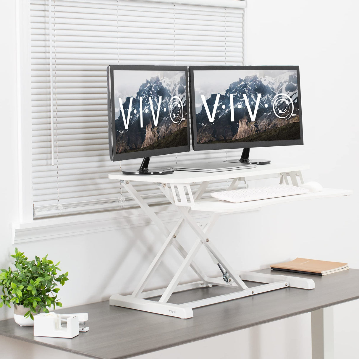 VIVO 32 inch Desk Converter, K Series, Height Adjustable Sit to Stand Riser, Dual Monitor and Laptop Workstation with Wide Keyboard Tray, White, DESK-V000KW VIVO