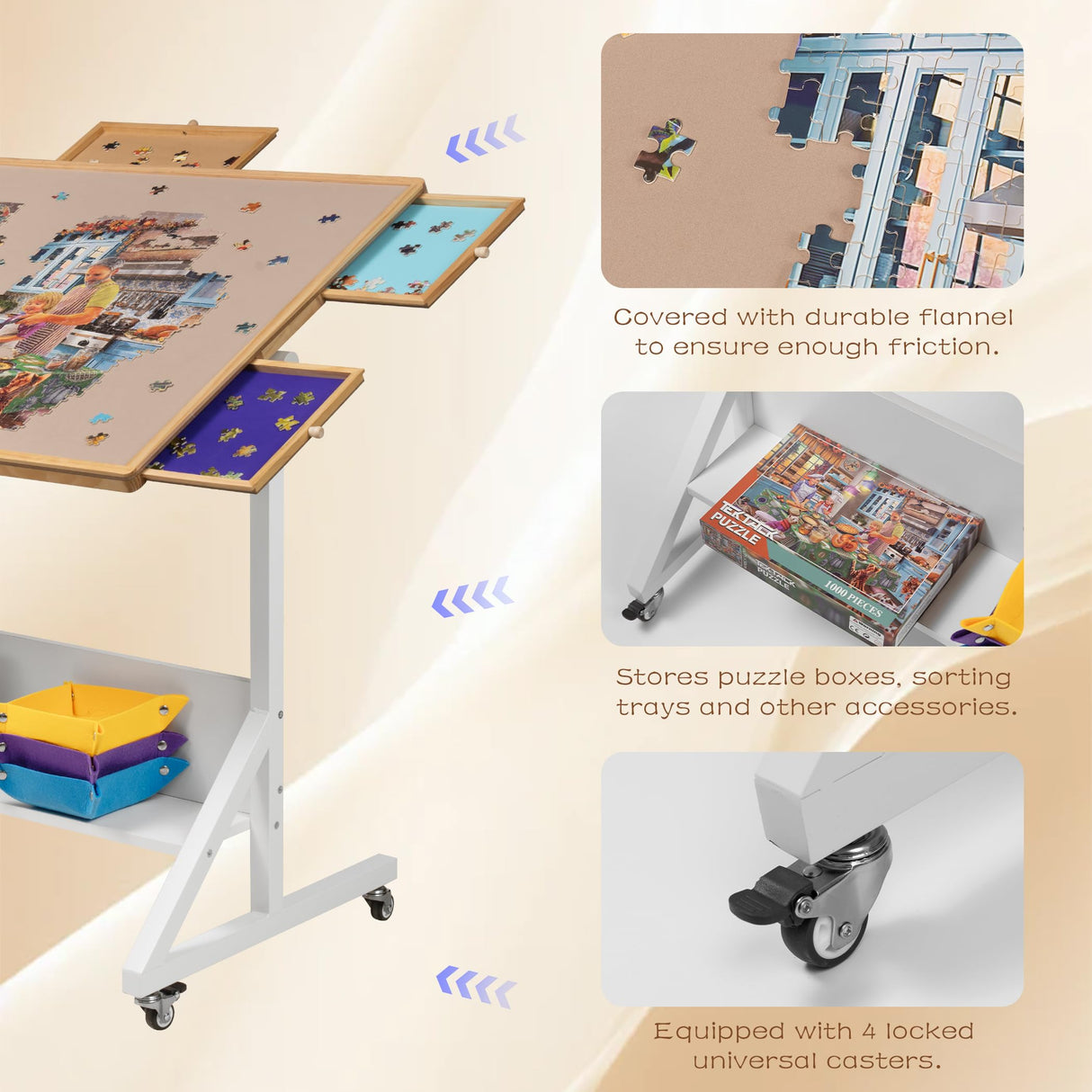 Tektalk Jigsaw Puzzle Table with Angle & Height Adjustment, Puzzle Easel with Cover & 5 Sorting Drawers, Tilting Board with Legs, Enclosed with 4 Roller Wheels, for Up to 1500 Pieces Tektalk