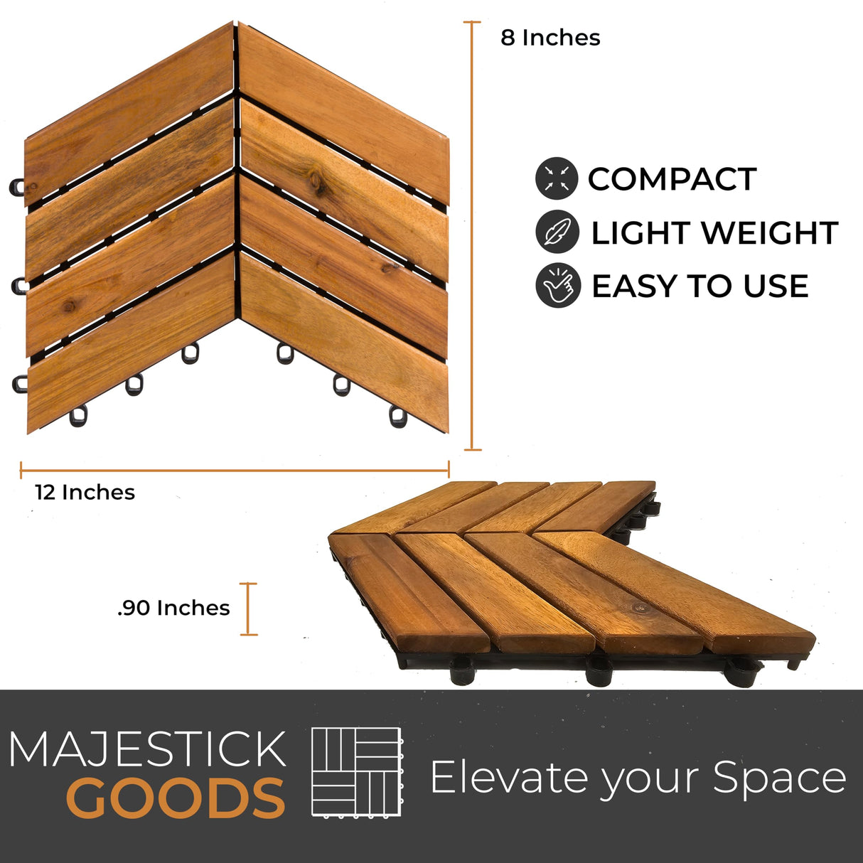 Interlocking Deck Tiles Herringbone - Snap Together Wood Flooring | 12 x 12 Acacia Hardwood Outdoor Flooring for Patio | Click Floor Decking Tile (8, Herringbone) Majestick Goods