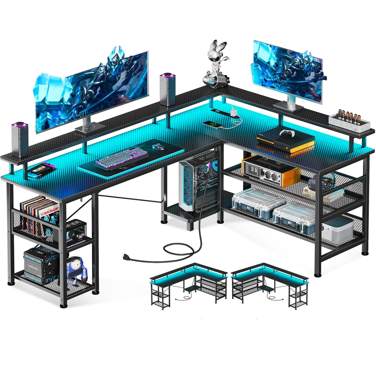 ODK 59" L Shaped Gaming Desk with LED Lights, Power Outlets, and Storage Solutions in Black Carbon Fiber ODK