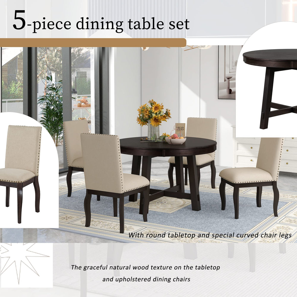 Harper & Bright Designs Round Kitchen Dining Table Set for 4, 5 Piece Farmhouse Wood Round Extendable Dining Table & 4 Upholstered Dining Chairs, Espresso (ST000074AAP-MZJ) Harper & Bright Designs