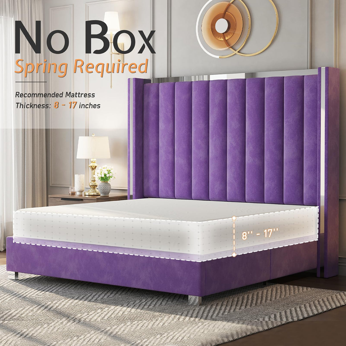 Jocisland King Size Bed Frame with 58" Tall Headboard, Velvet Upholstered Platform Bed with Channel Tufted Wingback Headboard and Plating Trim, No Box Spring Needed, Purple Jocisland