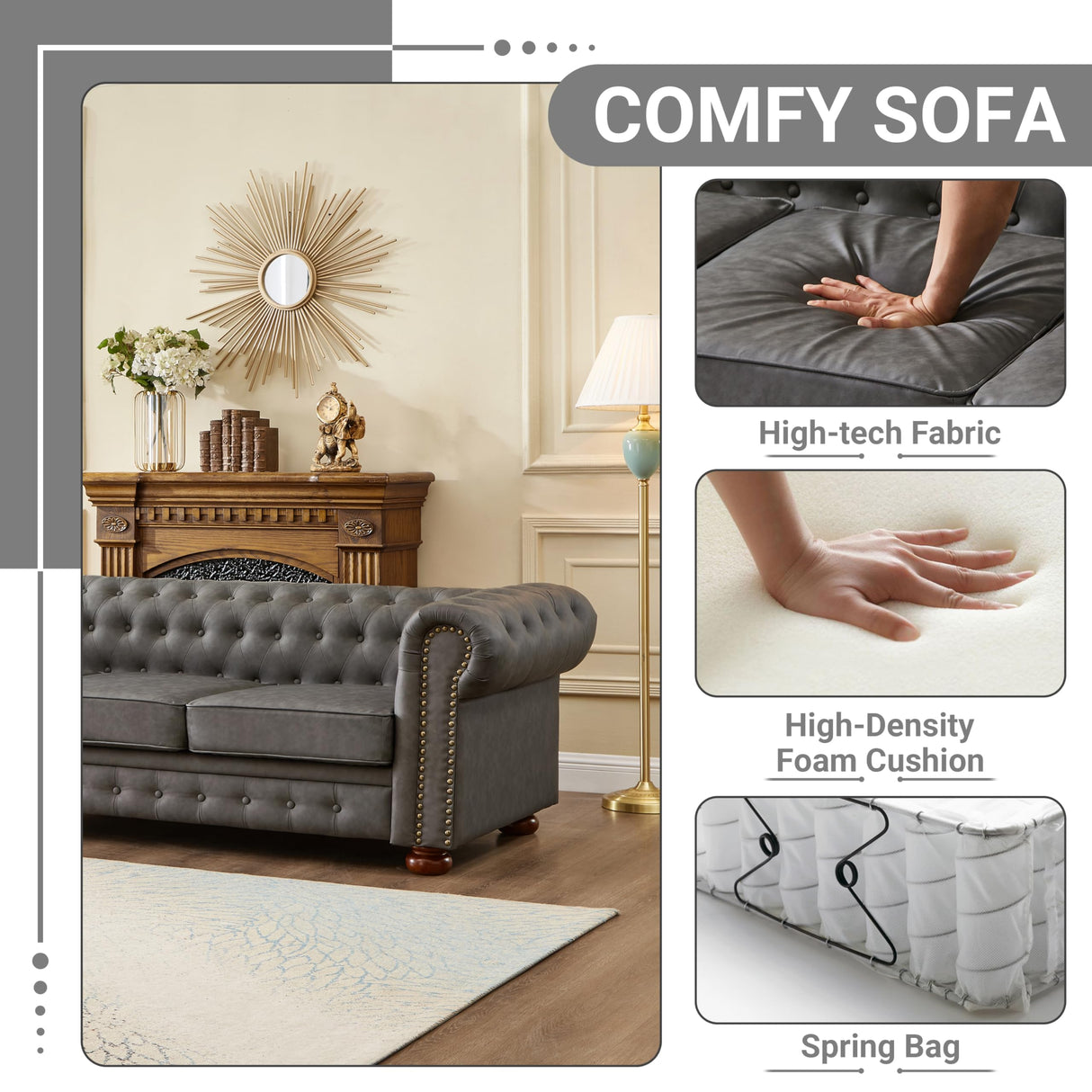 N NOORDENIYA Chesterfield Leather Sofa, 89" Mid Century Modern Couch with Low Back, Roll Arm Nailhead Trim Classic 3 Seater Couch for Living Room, Office, Apartment, Faux Leather Dark Grey N NOORDENIYA