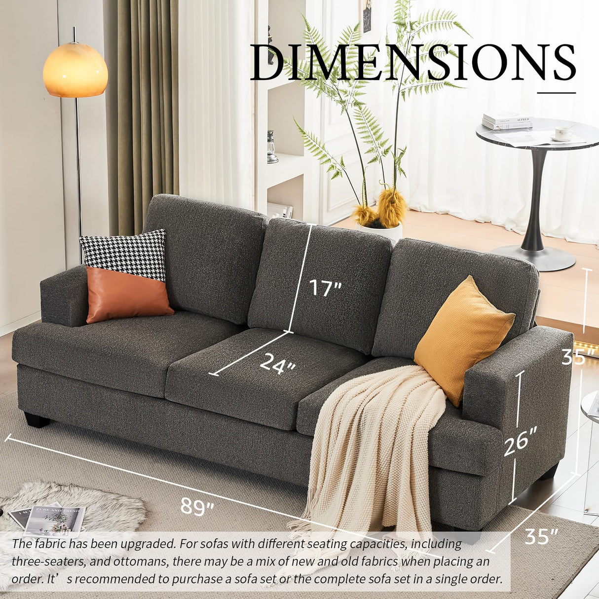 VanAcc 89 Inch Sofa, Comfy Sofa Couch with Extra Deep Seats, Modern Sofa- 3 Seater Sofa Couch for Living Room Apartment Lounge, Grey Chenille VanAcc