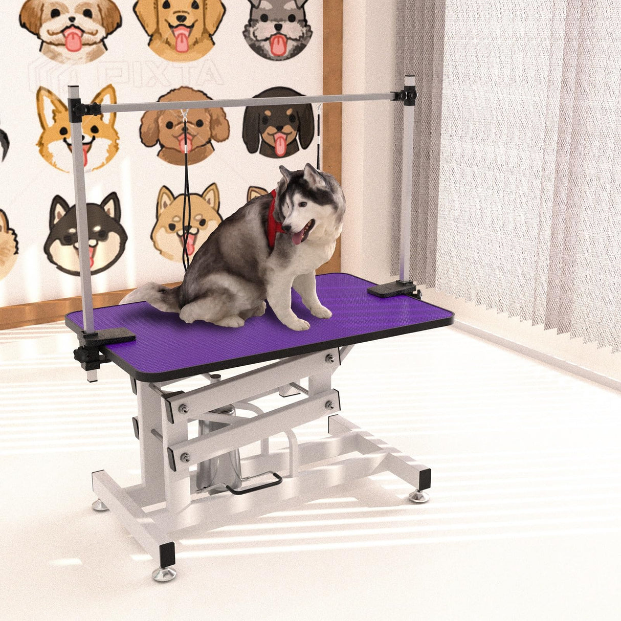 TRODEP 42.5" Hydraulic Dog Grooming Table for Large Dogs Heavy Duty Height Adjustable Dog Grooming Table with Gantry Arm & Noose Height Range 21-36 inch Purple TRODEP