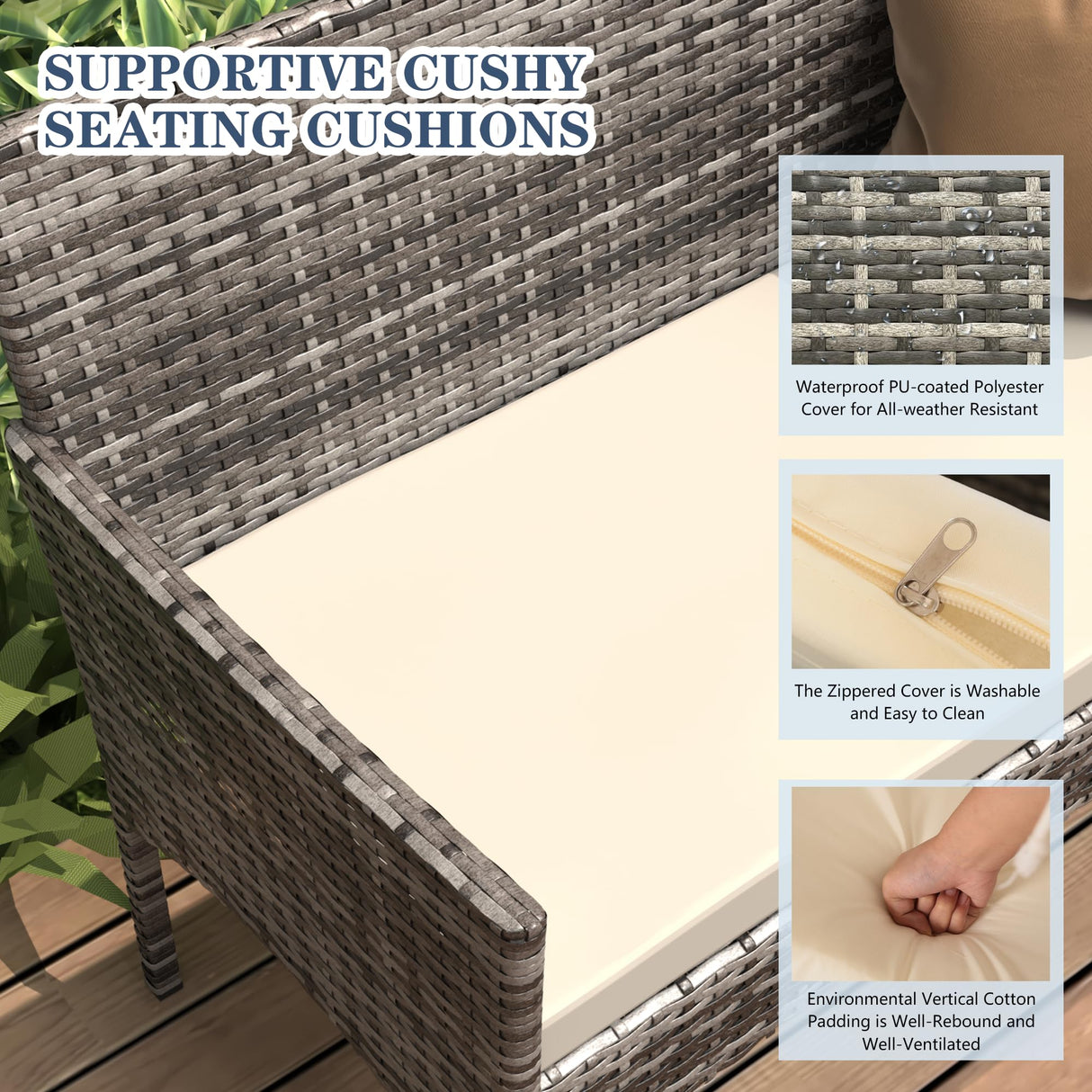 BUPPLEE 4 Pieces Patio Furniture Set, Outdoor Wicker Rattan Patio Conversation Furniture Set with Waterproof Cushion and Table for Lawn Poolside Backyard Garden Balcony Porch BUPPLEE