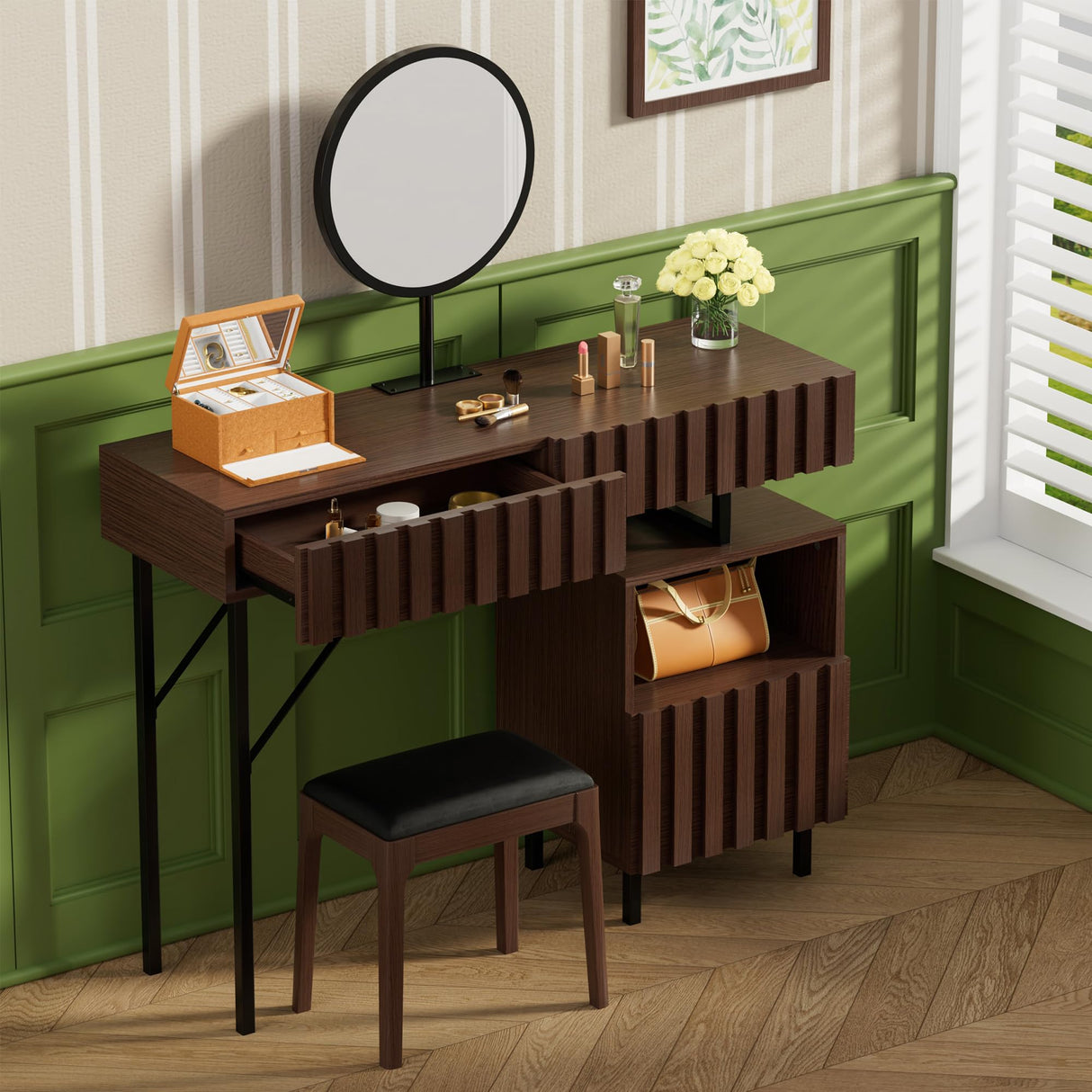 UEV Wood Vanity Desk with Mirror,Makeup Vanity Set with Drawer Chest,Vanity Dressing Table Makeup Desk Set with Storage Space for Bedroom(Brown) UEV