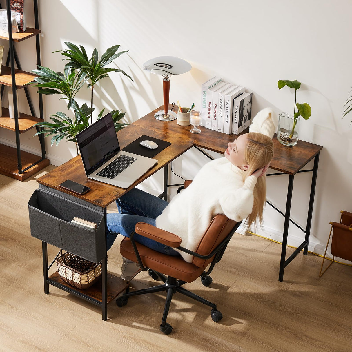 Sweetcrispy L Shaped Desk 50 Inch Computer Gaming Corner Table for Writing Study Student PC with Wooden Desktop Sturdy Metal Frame CPU Stand Side Bag Reversible for Home Office Small Place Brown Sweetcrispy