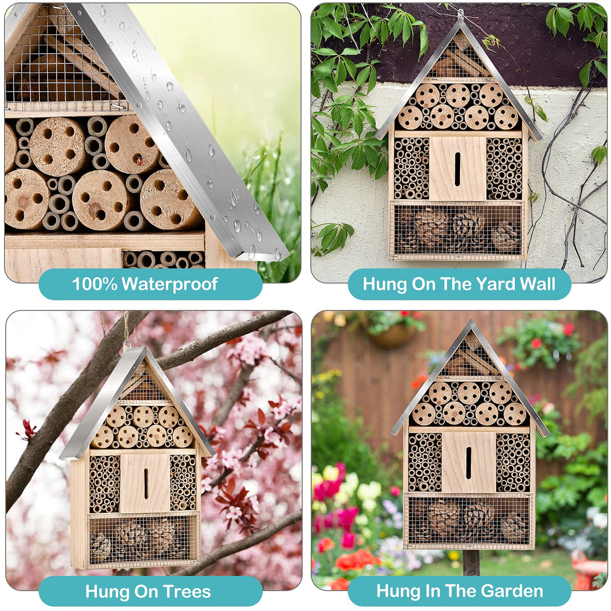 Elipark Wooden Mason Insect Bee Butterfly House,Insect Hotel,an Outdoor Hanging Bamboo Habitat for Bee Butterfly Ladybugs Live,Bee Box,Butterfly Habitat for Garden,9 x 15.7 x 2.5 Inch Elipark