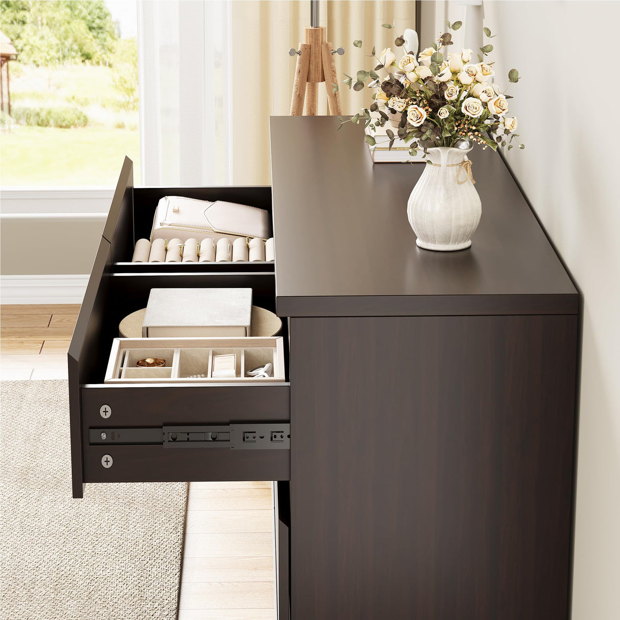 Jocoevol Modern 6 Drawer Dresser - Simply Chest of Drawers for Bedroom, Closet, Living Room, Hallway, Entryway, Wood Storage Double Dresser with Smooth Metal Rails - Retro Brown Jocoevol