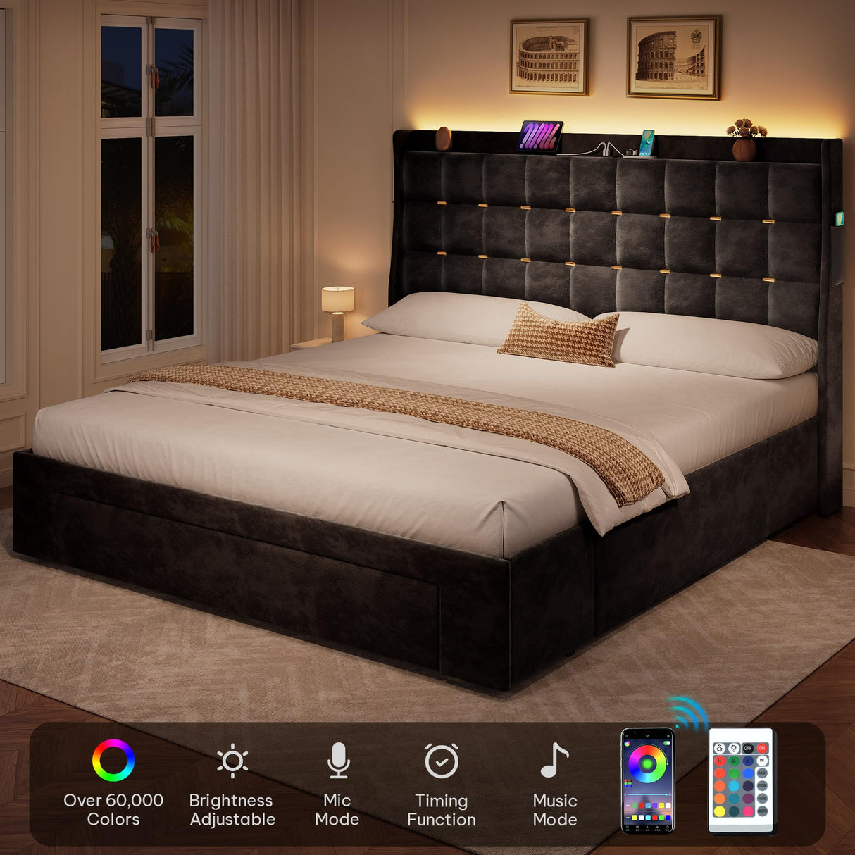 YITAHOME Queen Size Bed Frame with 3 Storage Drawers and RGB LED Lights, Velvet Upholstered Bed with Charging Station and Storage Headboard, No Box Spring Needed, Easy Assembly, Noise-Free, Black YITAHOME