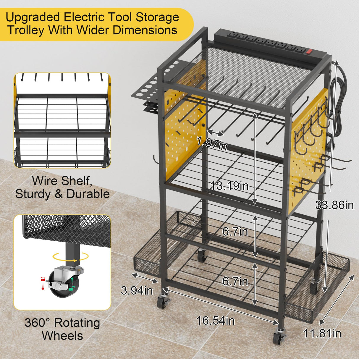 Power Tool Organizer Cart with Charging Station, Heavy Duty Garage Tool Organizer Rolling Tool Battery Storage with 8-Outlet Power Strip, 4 Wheels, 2 Hanging Baskets, 8 Hooks, Drill Bit Holder, Yellow NEYCIL