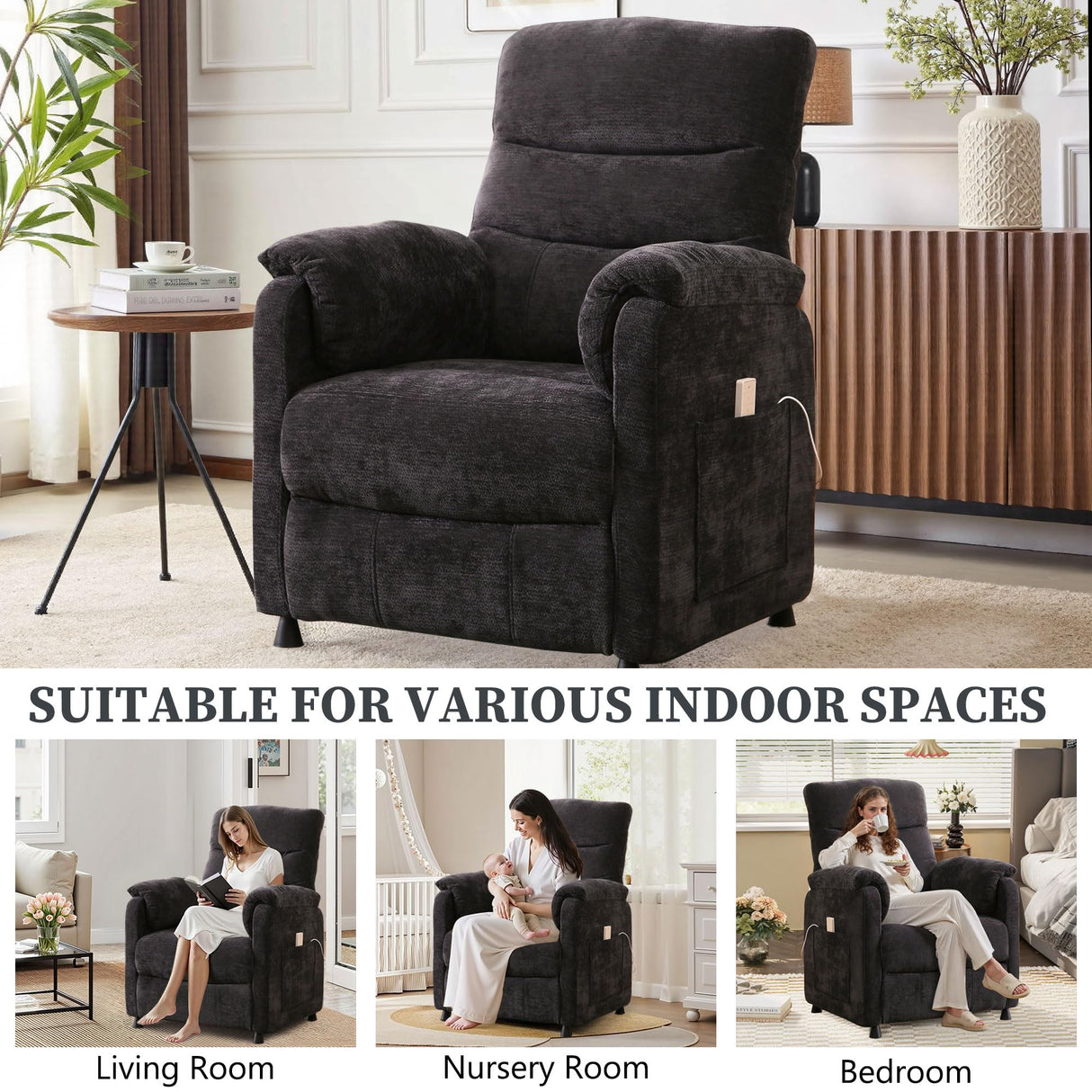 Veemuaro Electric Recliner Chair, Power Recliner Sofa with Remote, Adjustable Backrest and Side Pocket, 7-Zone Support, 350 LBS, Soft Chenille Fabric Armchair for Living Room Bedroom, Black Veemuaro