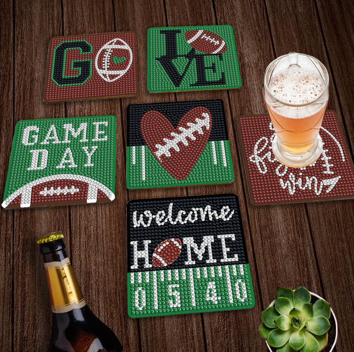 Nilyzit 6pcs DIY Football Diamond Painting Coasters Kits for Adults Small Western Diamond Art Kits for Beginners Football Coasters Paint-by-Number Kits Crystal Art Nilyzit