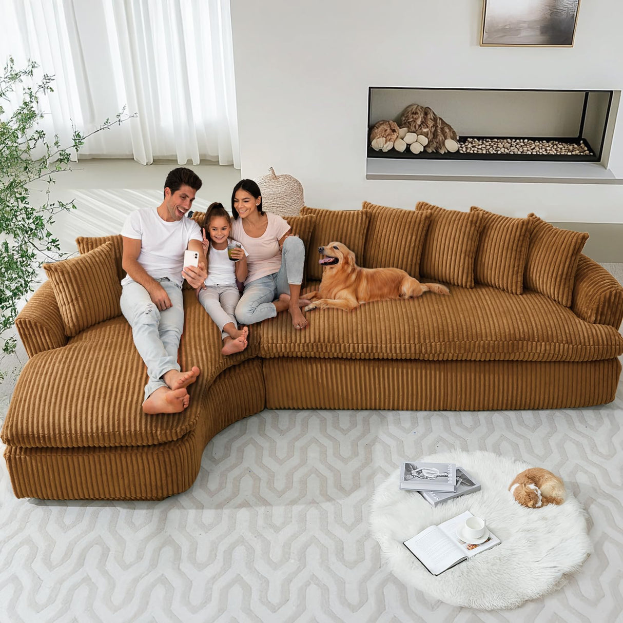 129'' Modern Sectional Sofa,4-5 Seater Upholstered Couches with 10 Cushions,High Density Sponges Cloud Couch, L-Shape Left Sofa,Corduroy Sponge Sofa for Living Room,No Assembly Required(Brown) Firscook