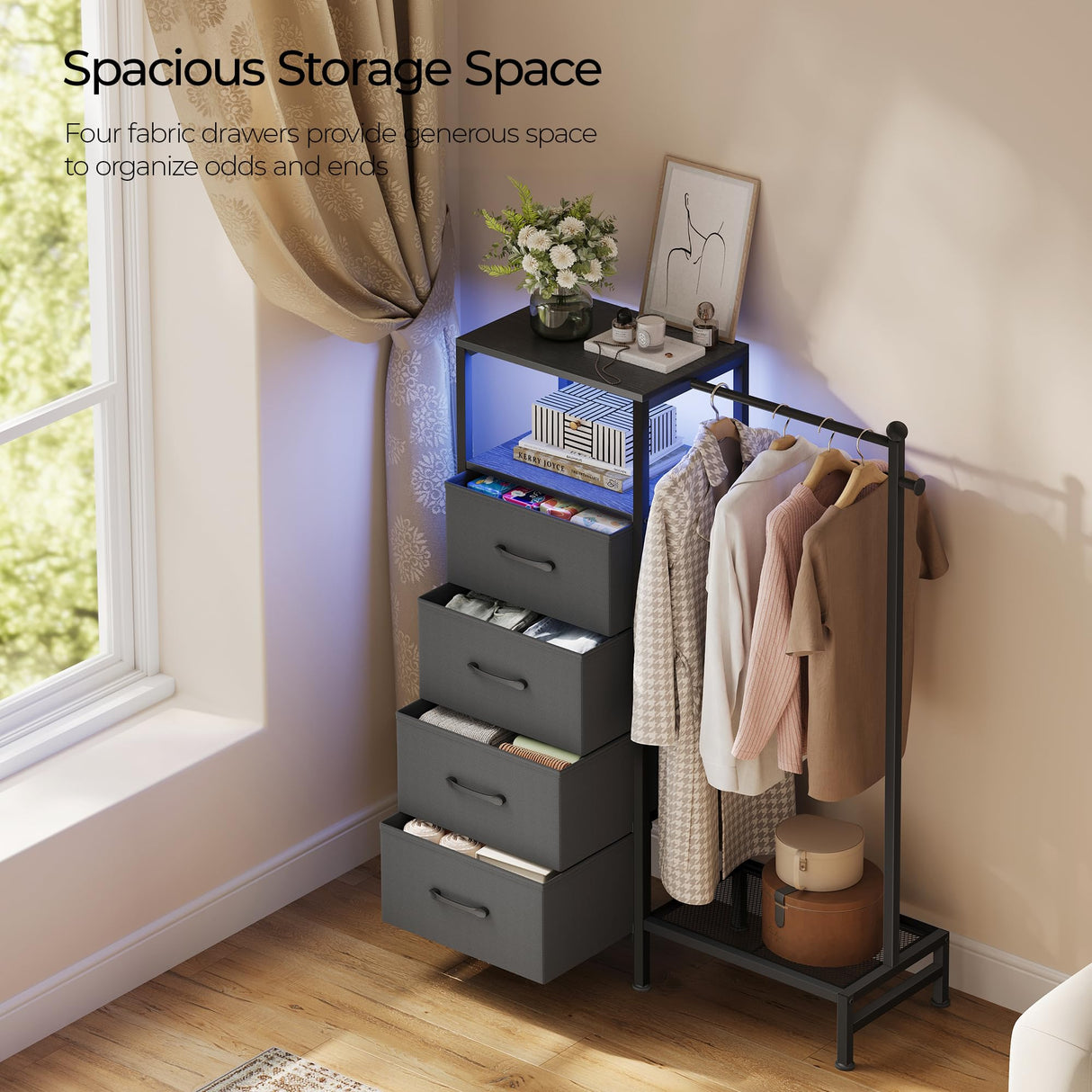 TRIFEBLE Dresser for Bedroom with Reversible Hanging Rack, 4 Drawers Dresser with LED Lights, Fabric Dressers with Open Shelf, Chest of Drawers with Clothes Rack, Kids Dressers for Bedroom, Black TRIFEBLE