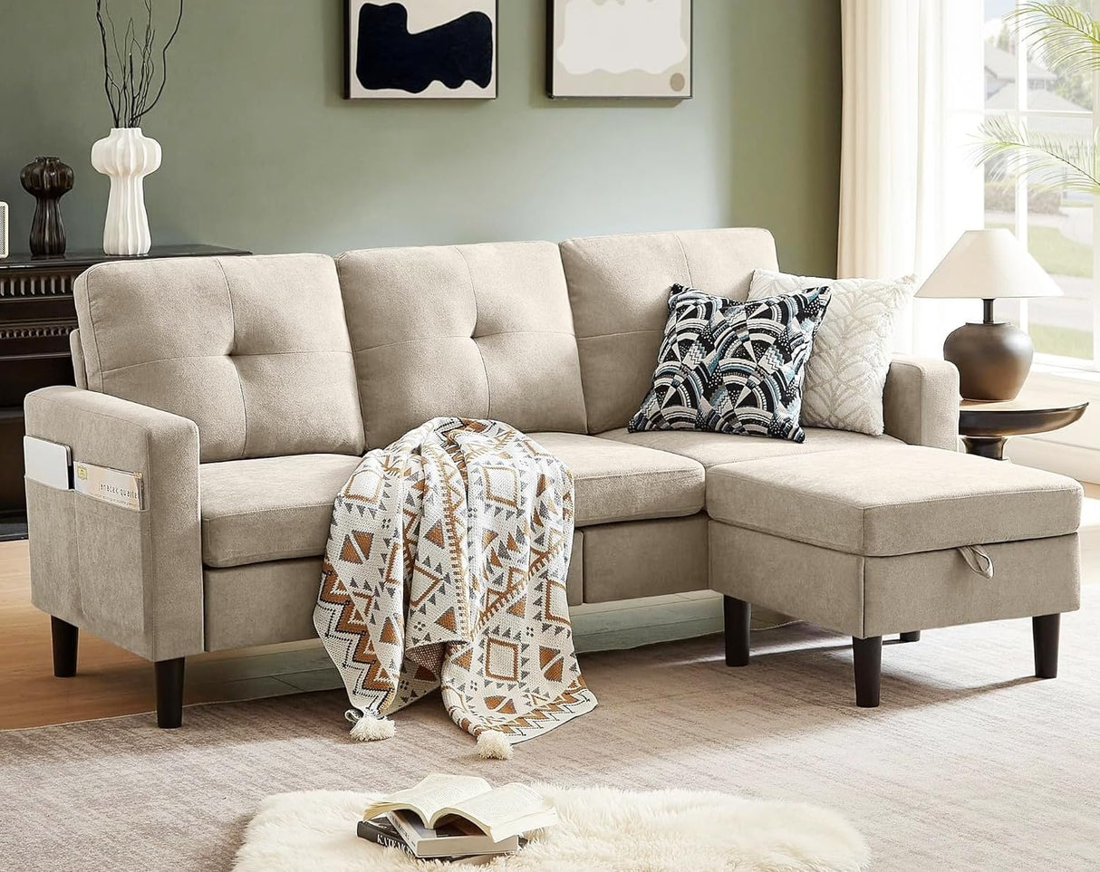 Pingliang Home 79" Sectional Sofa Couches for Small Spaces, L Shaped Couch with Storage Ottoman, 3 Seats Sectional Sofas for Living Room, Apartment-Friendly Couch, Easy Assembly Fabric Sofa (Beige) Pingliang Home