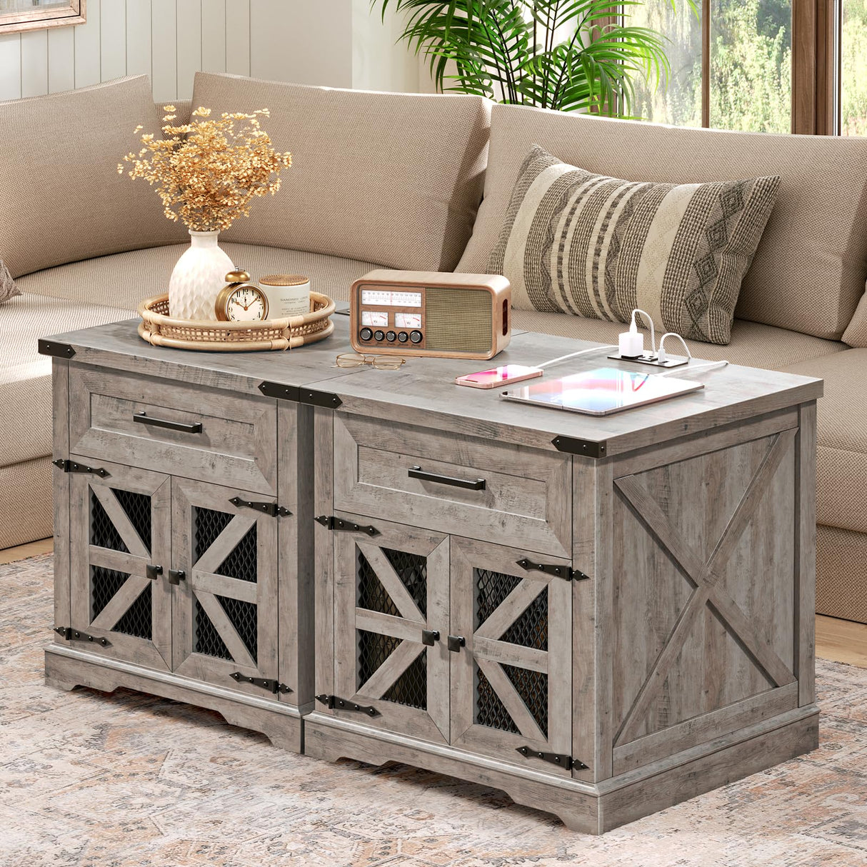 RALGEND Farmhouse End Table with Charging Station, 24" Large Sofa Side Table with Drawer, Large End Table for Living Room, Wooden Nightstand with Outlet, Square, Greige RALGEND