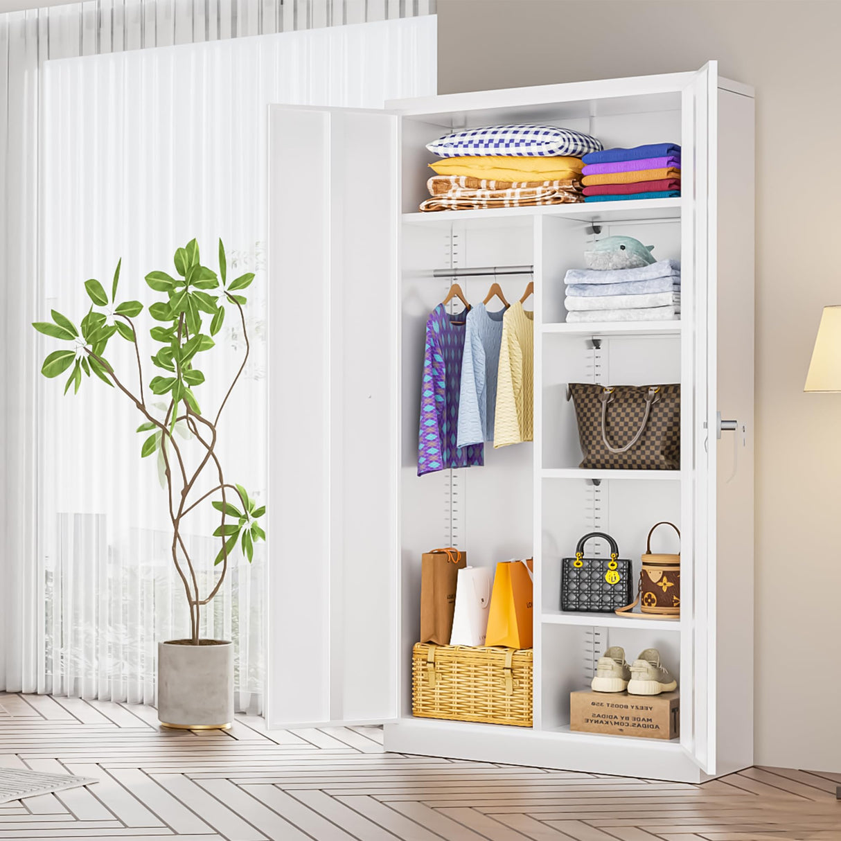 INTERGREAT Metal Wardrobe Closet, 72" White Locking Storage Wardrobe Cabinet with Doors and Shelves, Tall Steel Clothes Storage for Office, Home, School, Gym INTERGREAT