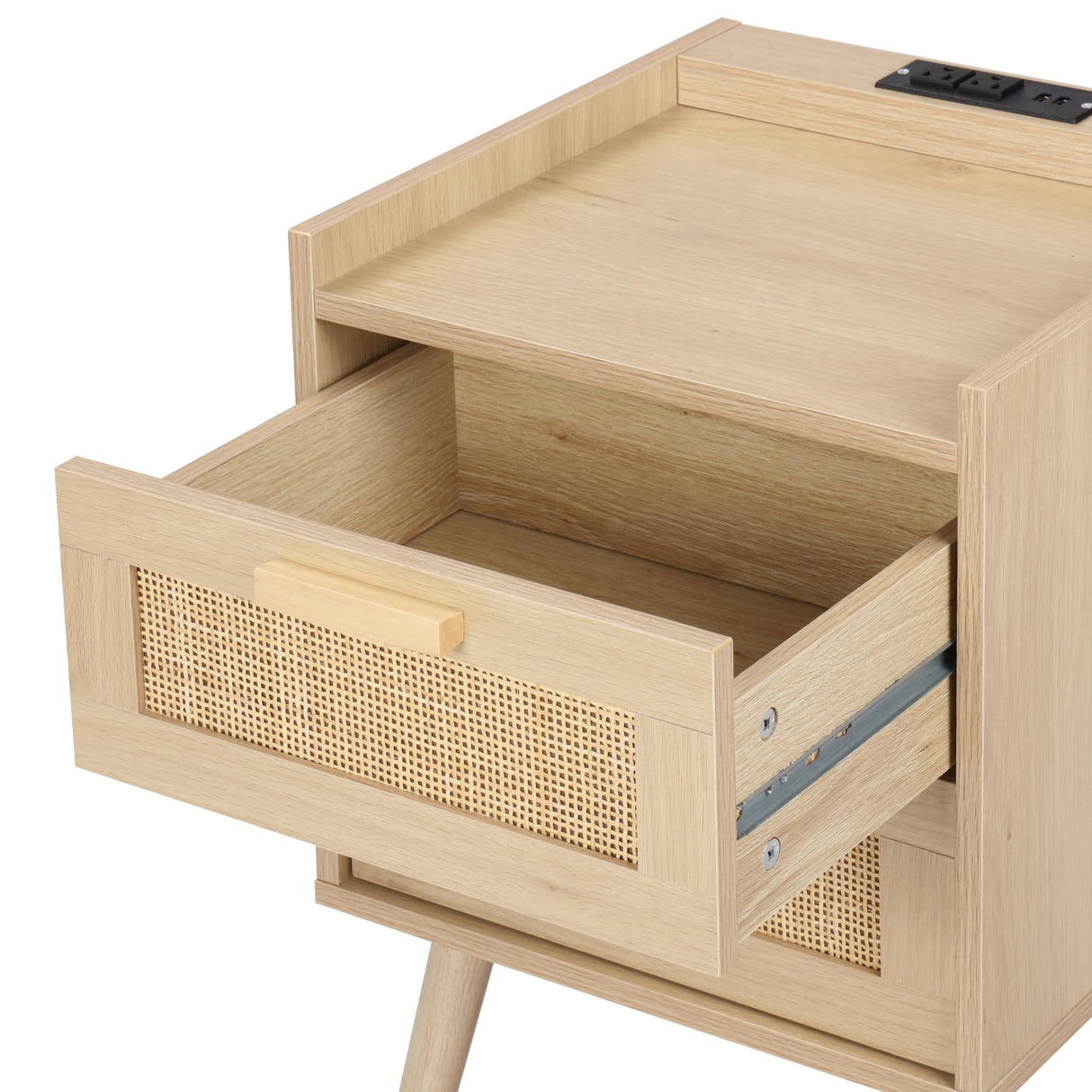 Finnhomy Nightstand with Charging Station, Bedside Table with 2 Hand Made Rattan Decorated Drawers, Night Stand with Storage for Bedroom, Natural Finnhomy