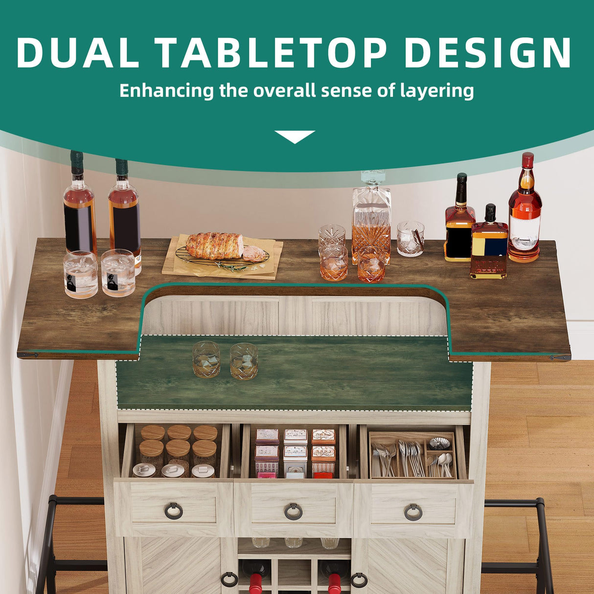 YITAHOME Home Bar Unit with LED Lights & Drawer, Farmhouse Bar Cabinet with Glasses Holder and Wine Storage, Wine Bar Cabinet Set Mini Bar with Footrest for Living Room, Off White+Walnut Grain YITAHOME