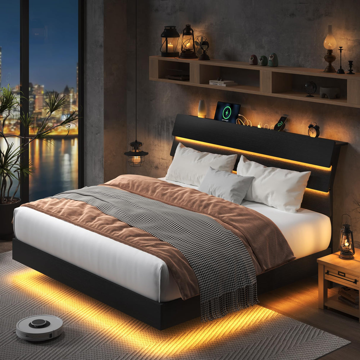 Feonase King Size Floating Bed Frame with Led Lights and Charging Station, Wood King Bed Frame with Storage Headboard, Heavy Duty Metal Slats, No Box Spring Needed, Easy Assembly, Black Feonase