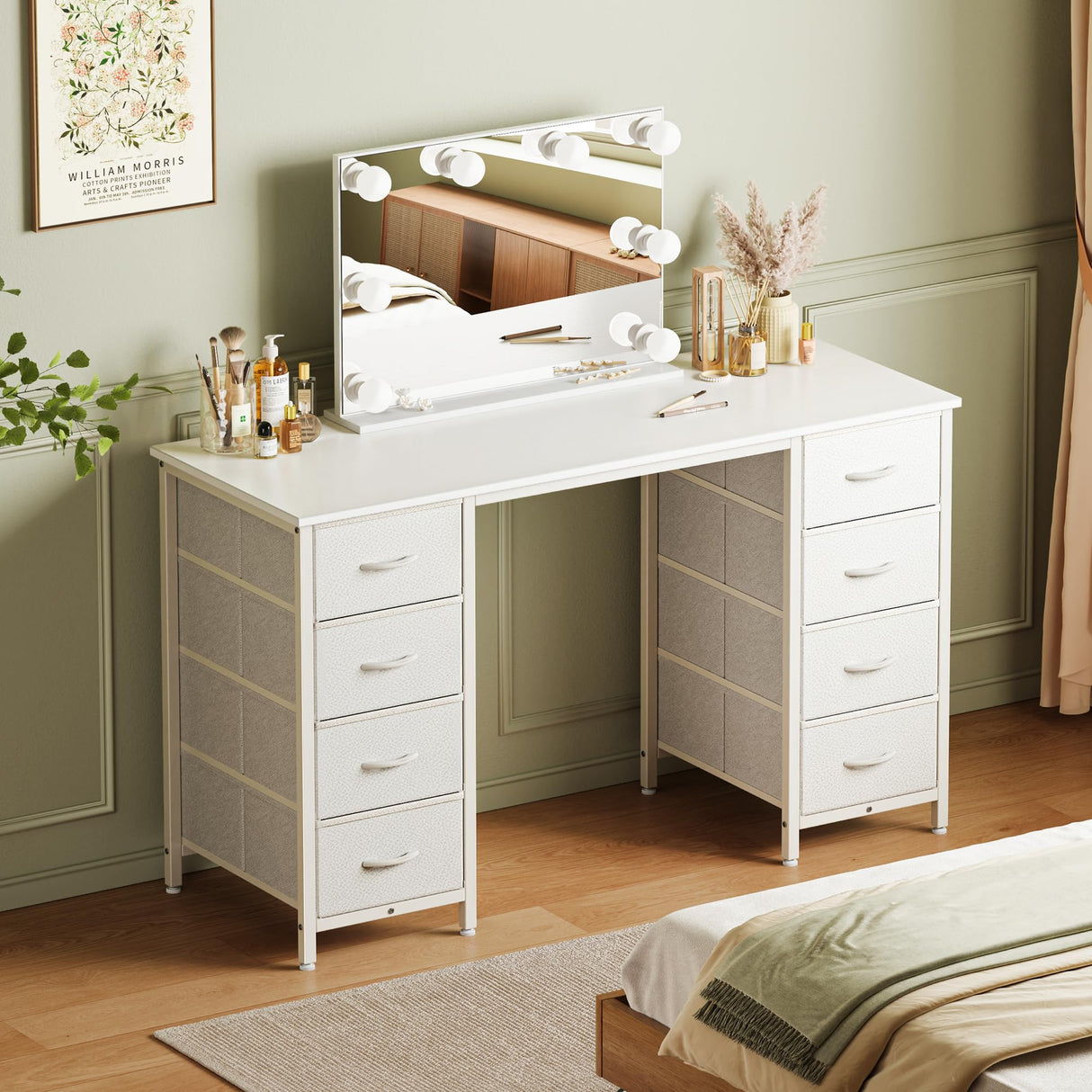 Huuger 47 Inch Vanity Desk with 8 Drawers, White Desk, Makeup Desk with Large Storage, Fabric Drawers, Wooden Desktop, Computer Desk Work Desk, for Home Office, Bedroom Huuger