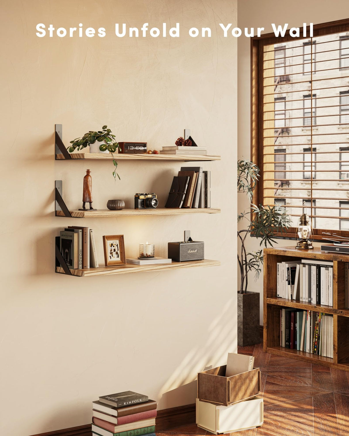 VMROF Floating Shelves for Wall, Wall Mount Book Shelf, Hanging Shelves, Wall Bookshelf for Bedroom, Office, Living Room (Light Brown, 17 Inches) VMROF