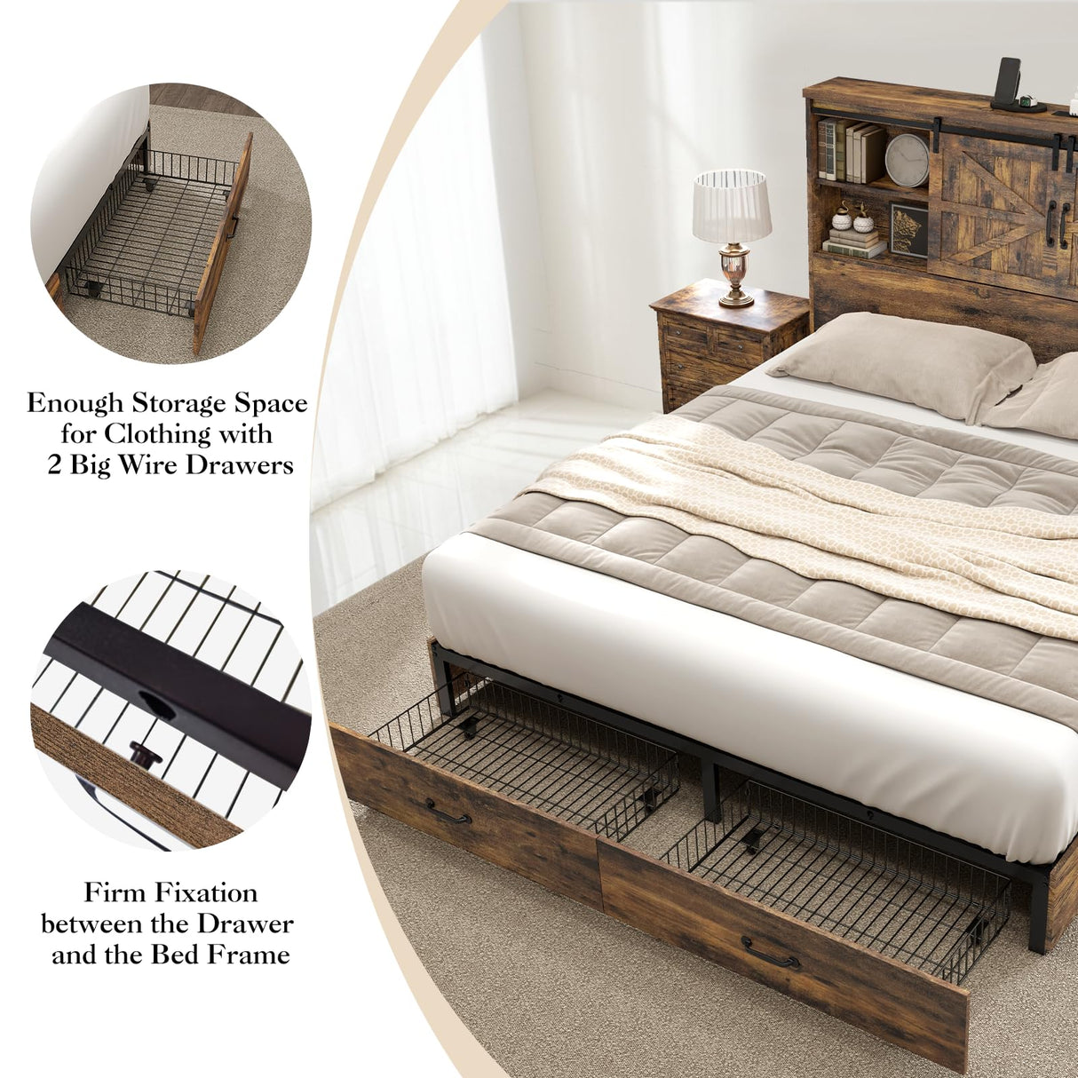 YUMPIE Farmhouse King Size Bed with 51.2" Bookcase Headboard, Wooden Platform Beds with Sliding Barn Door, Built-in Charging Station and 2 Storage Drawers, No Box Spring Needed, Rustic Brown YUMPIE