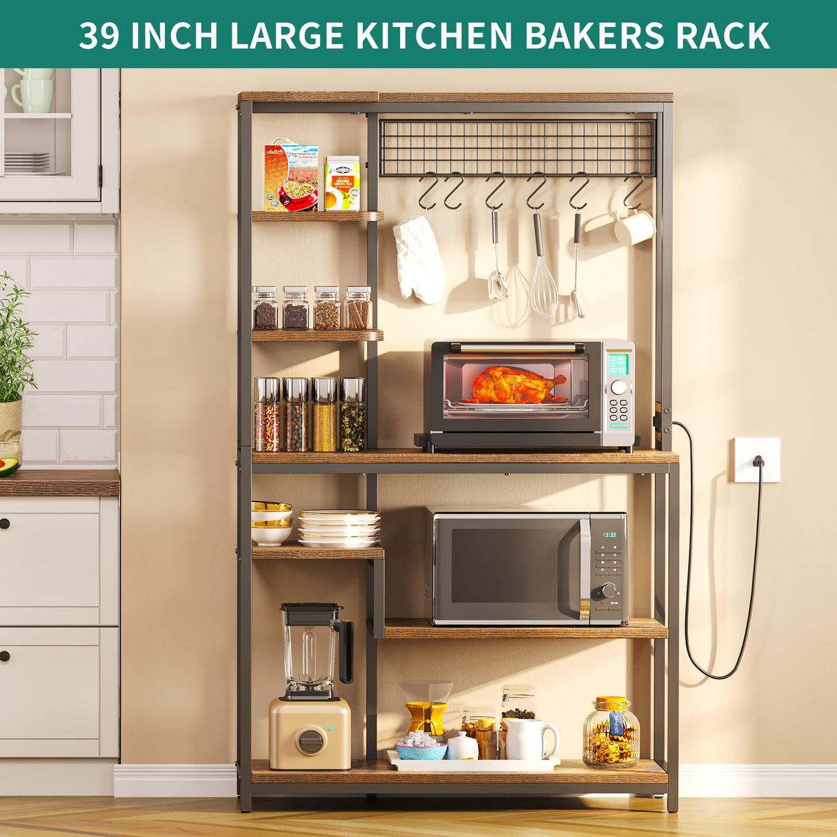 YITAHOME 39 Inch Rustic Brown Kitchen Microwave Stand and Bakers Rack with Power Outlet and 6 Hooks YITAHOME