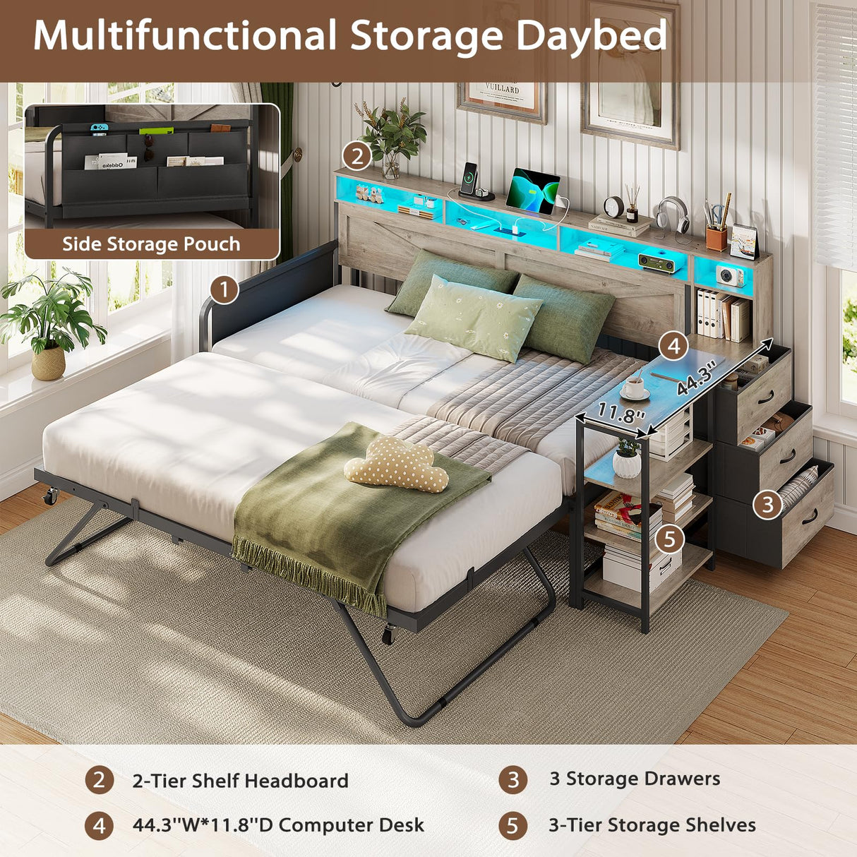VIAGDO Daybed Twin with Pop Up Trundle, Farmhouse Wooden Day Bed Frame with 3 Storage Drawers and Shelves, Twin to King Daybed with Charging Station and LED Lights for Bedroom, Guest Room, Grey VIAGDO