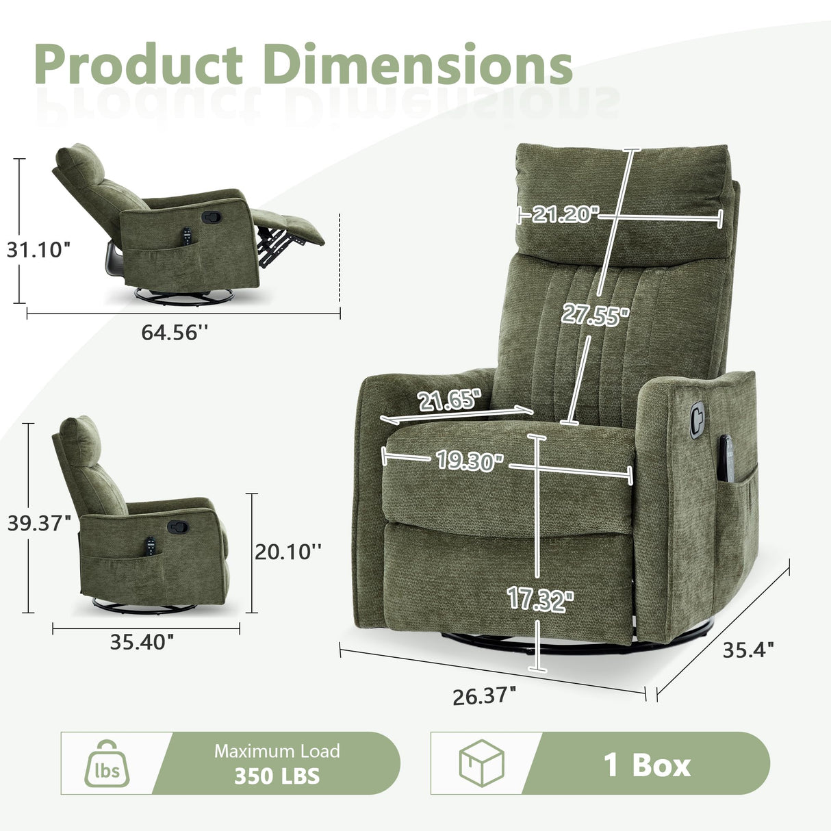 cinkehome Swivel Rocker Recliner, Glider Rocking Recliner Chair for Nursery, Manual Reclining Chair with Heated Massage, Small Spaces, Living Room, Olive Green Chenille cinkehome