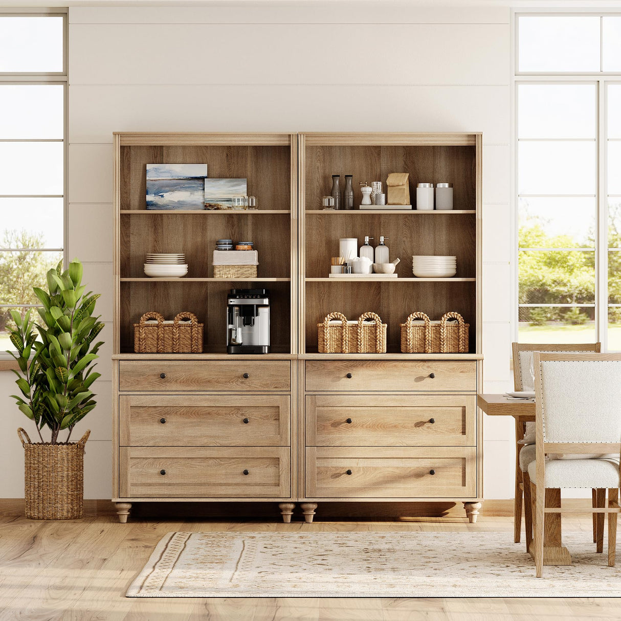 WAMPAT 3 Tier Bookshelf with 3 Drawers, 72" Tall Bookcase Large Farmhouse Display Book Case Shelf with 3-Tier Open Book Shelfs,Library Wood Bookshelves for Living Room,Kitchen, Oak(2PCS) WAMPAT