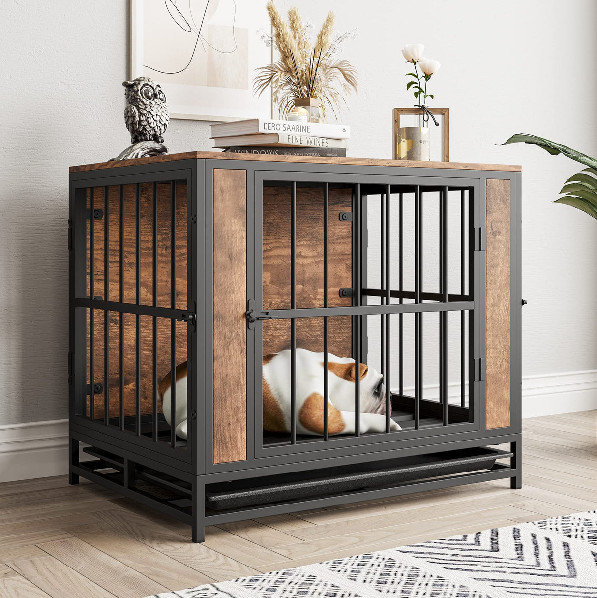 FOUBAM Dog Crate Furniture, Metal and Wooden Dog Crate, Dog Kennels with 3 Doors Indoor, Pet Puppy Crate End Table for Small Dog, Heavy Duty Dog House, Rustic Black and Brown FOUBAM
