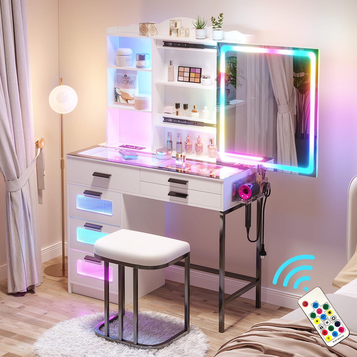 HENBC Vanity Desk with Sliding Mirror and Glass Desktop, LED Vanity Mirror with RGB Lights Desk and Chair, Dressers Vanity Table Set with Charging Station/Makeup Organizer/6 Drawers (White) HNEBC