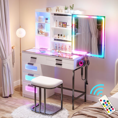 HENBC Vanity Desk with Sliding Mirror and Glass Desktop, LED Vanity Mirror with RGB Lights Desk and Chair, Dressers Vanity Table Set with Charging Station/Makeup Organizer/6 Drawers (White)