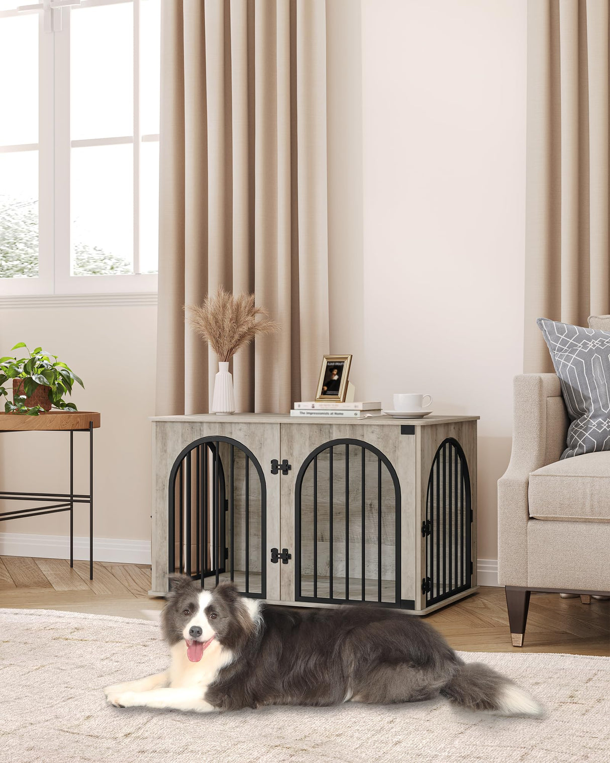 Hzuaneri 39.4'' Dog Crate Furniture, Dog Kennel Indoor Arched Door Design, Wooden Dog Crate Furniture for Small/Medium/Large Dog, Side Table, TV Stand, Anti-Chew, Anti-Escape, Greige Black Hzuaneri