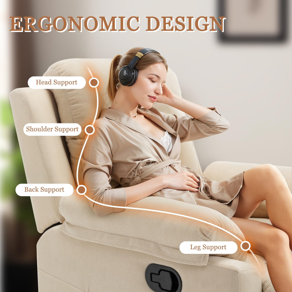 Korser Recliner Chair, Small Recliners for Small Spaces, Upholstered Manual Recliner with Side Pockets, Comfy Corduroy Chairs for Living Room, Bedroom, Reading, Beige Korser