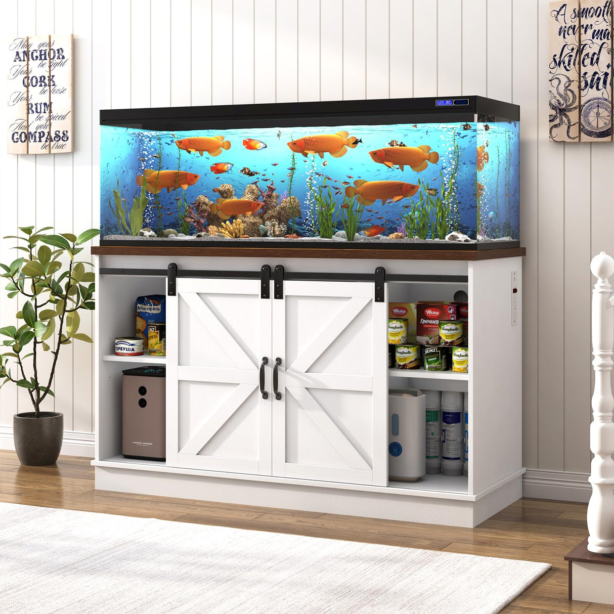 Hlivelood Farmhouse 55-75 Gallon Fish Tank Stand with Power Outlet, Aquarium Stand with Cabinet&Sliding Barn Door, Heavy Duty Reptile Tank Stand for 2 Fish Tank/Turtle Tank/Reptile Terrarium, White Hlivelood