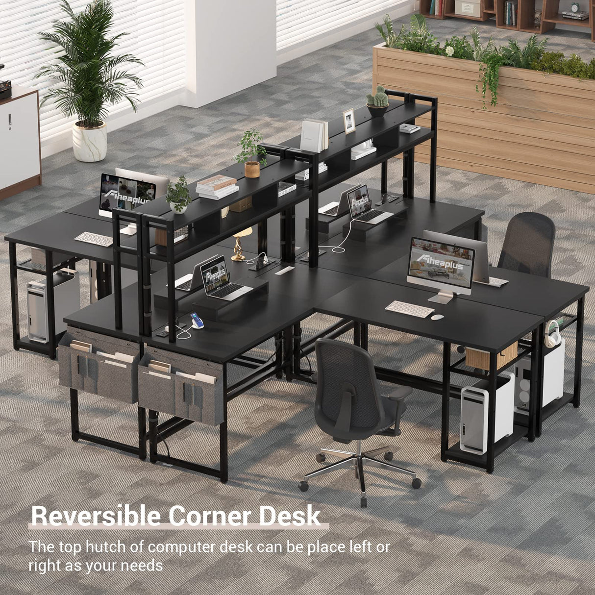 Aheaplus Reversible L-Shaped Desk with Power Outlet, LED Strip, and Storage – Modern Black Gaming & Home Office Solution Aheaplus