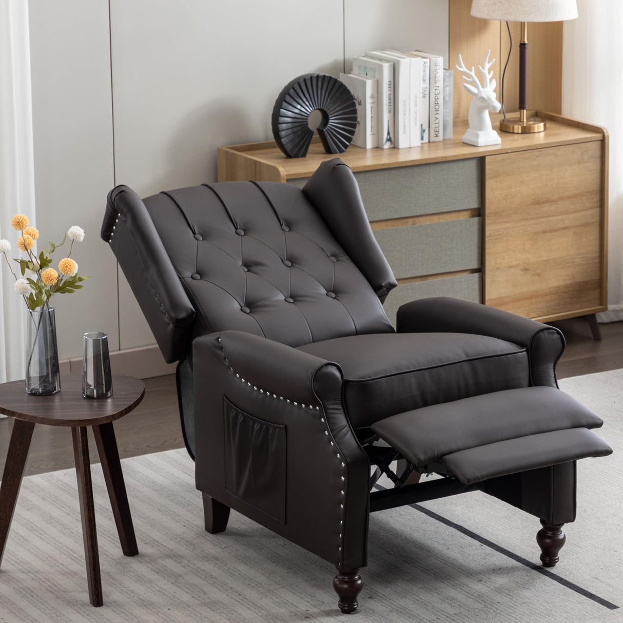 Oprisen Push Back Recliner Mid-Century Modern Accent Chair Single Reading Chair Faux Leather Arm Chair for Living Room w/Heat Massage/Side Pockets (Brown*1, 1 PC) Oprisen